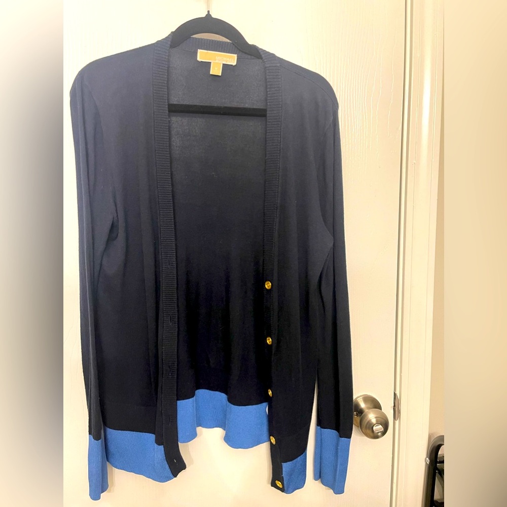 MK Michael Kors Navy & Blue V-neck button up sweater in medium